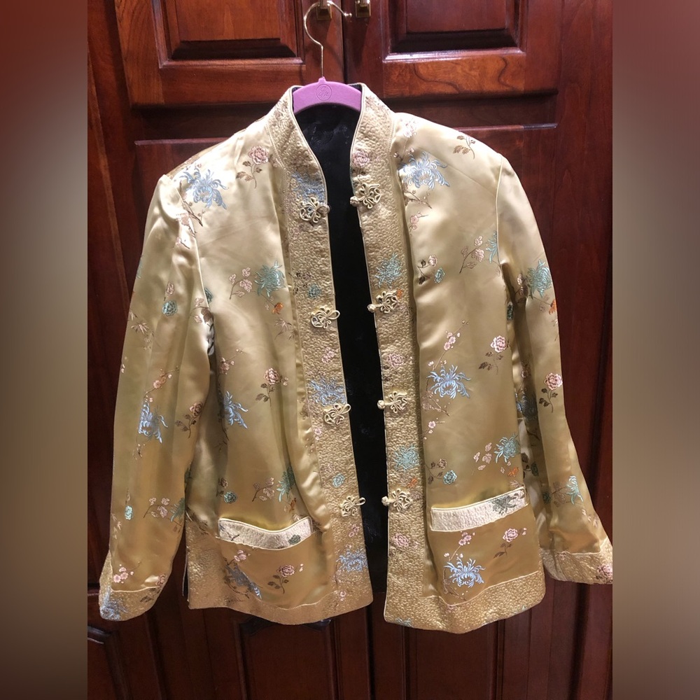 Vintage Chinese Brocade Jacket Sz 38 (M) Gold Floral Mandarin Collar Reversible - Picture 2 of 16